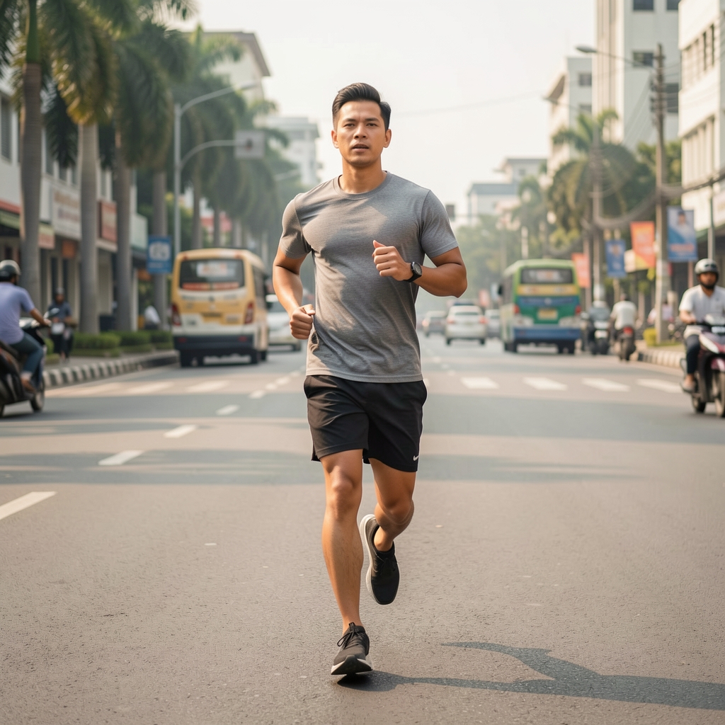 Active lifestyle, morning outdoor composition — man jogging on an empty Jakarta street in early daylight