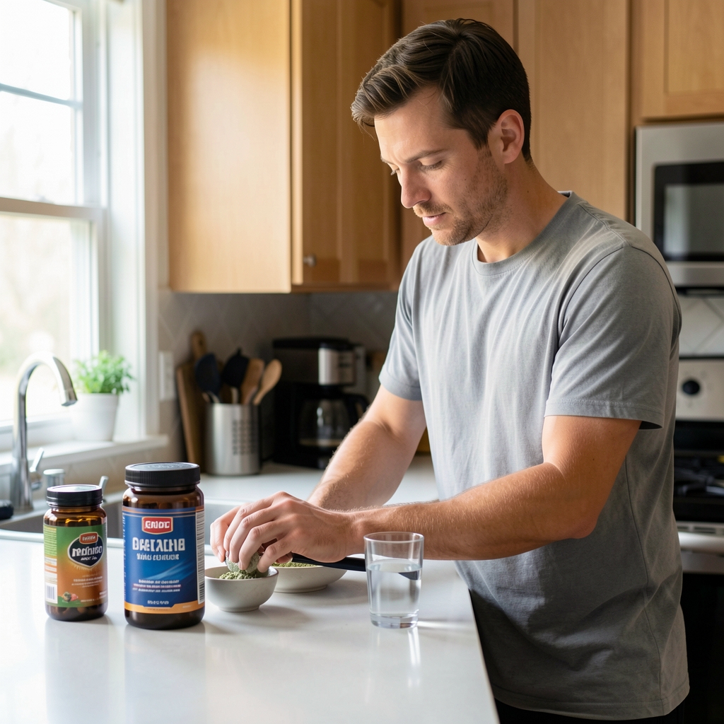 Man preparing morning routine at a kitchen counter, supplement containers and a glass of water visible in natural light