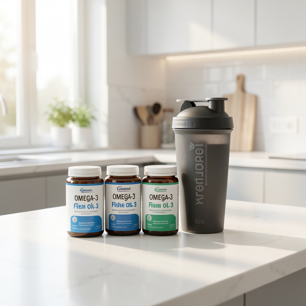 Omega-3 fish oil capsule containers and a protein powder shaker on a kitchen counter in soft morning light